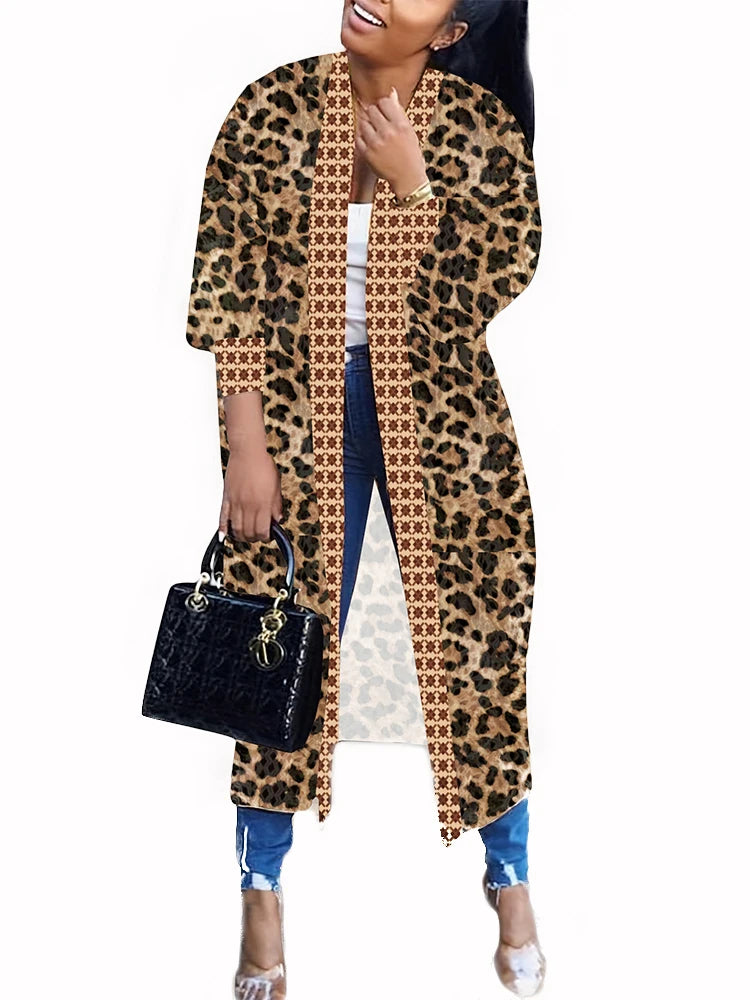 Plus Size Leopard Print Cardigan Loose Women's Long Windproof Fashion