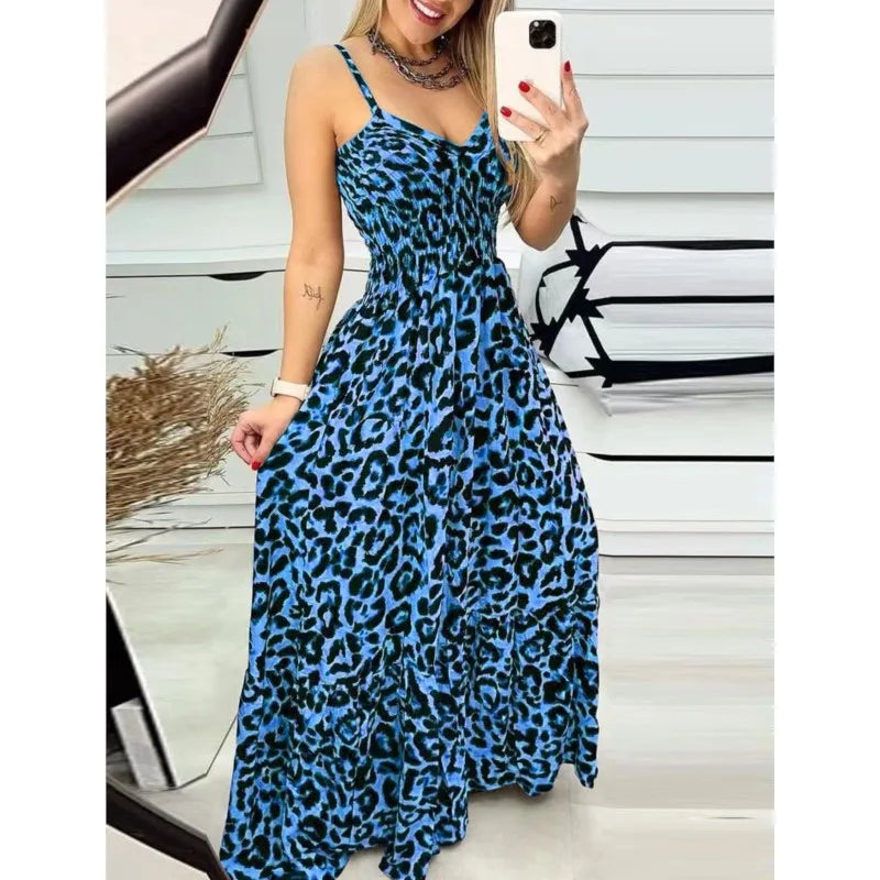 Women's Fashion Leopard Print Sexy Long Sling Summer Dress.   S-3X