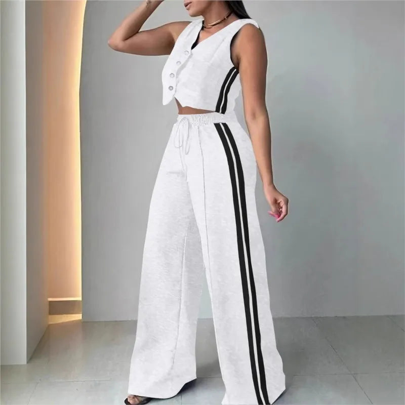 Fashion Side Stripe Women 2 Piece Set New Vest Top And Wide Leg Pants Sports Style Casual Set.  S-2X
