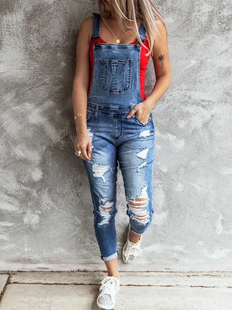 Ladies Denim Ripped Jeans Jumpsuit Stretch Denim