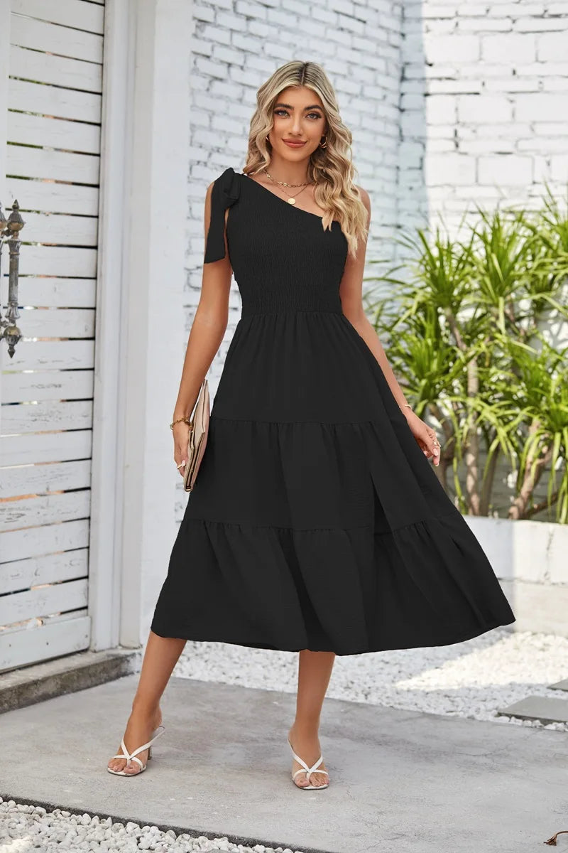 Women Tie Shoulder Dress Summer Sleeveless Side Split Sexy Tiered Ruffle Dress.  S-XL
