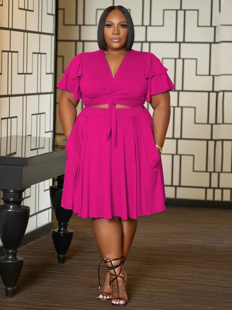 2 Two Piece Women V Neck Mini Skirt Set With Pockets Matching Outfit.