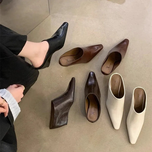European Soft Leather Slope Heel High Fashion Shoe