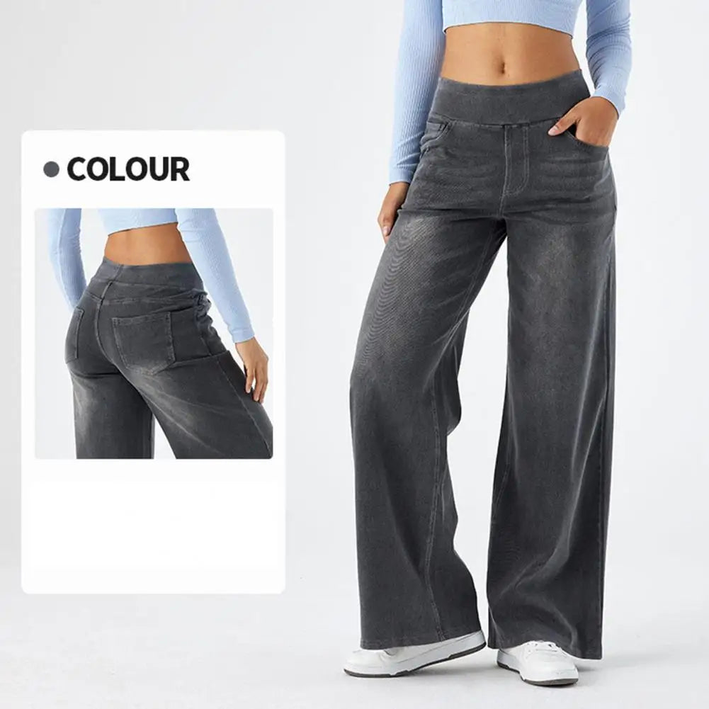 Women's High Waist Wide Leg Jeans - Elastic Waist Denim Pants with Pockets.  XS-XL
