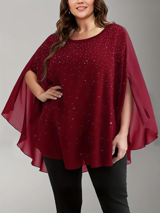 Plus Size Elegant Chiffon Sequined Slit Sleeve Top