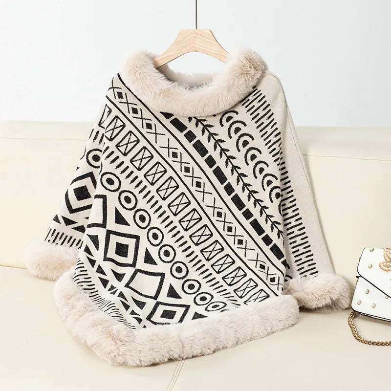 Women Poncho/ Sweater Pullover Fur Collar Cloak Irregularity Warm Thick Elegant Autumn Winter Casual Poncho