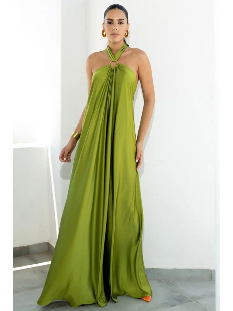 Loose Halter Neck Backless Sexy Satin Evening Dress New Fashion Elegant Dress. S-XL