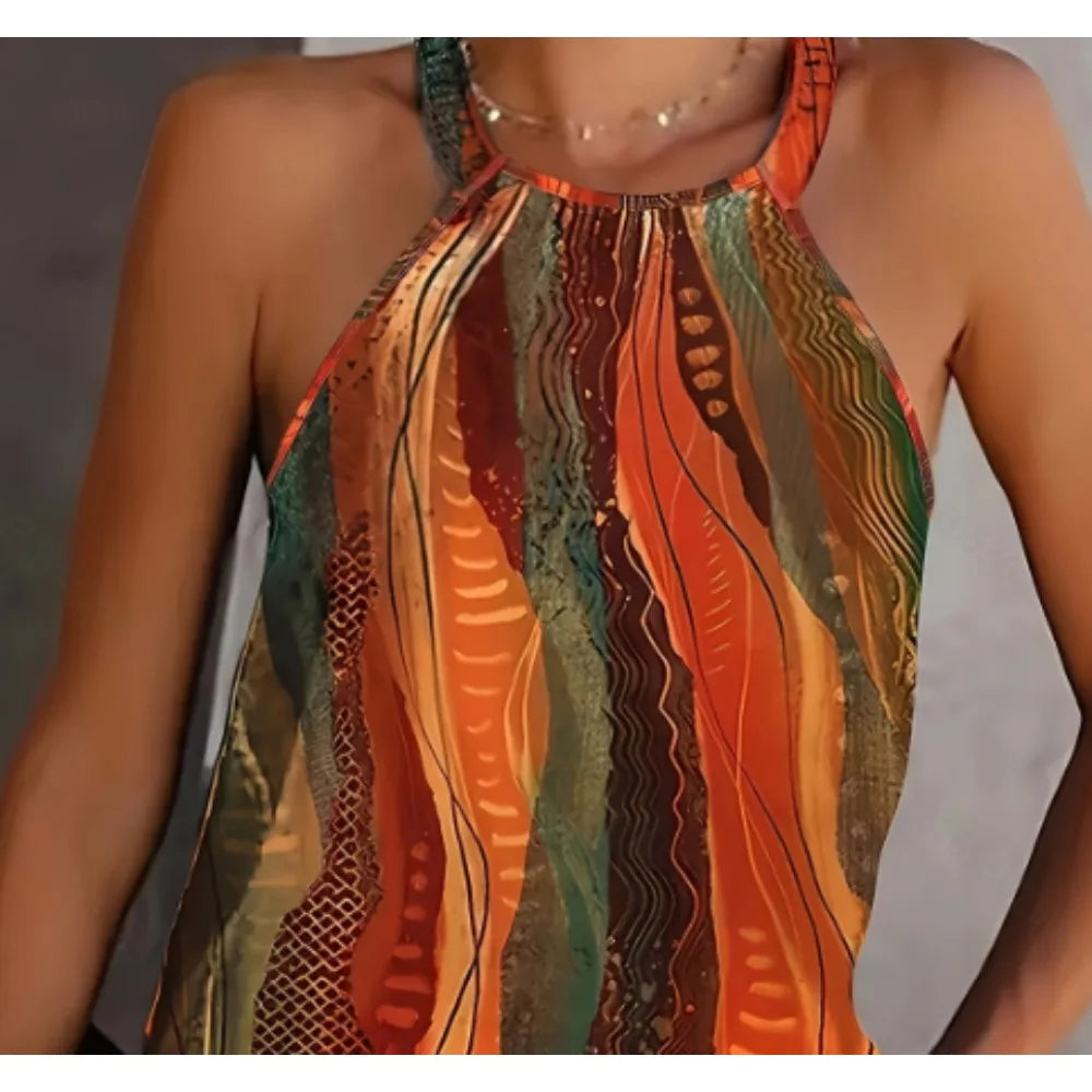 Plus Size 1XL-5XL Women's Print Halter Neck Vintage Sleeveless Halter with Jacquard Cross Solid Strap .  1X-5X