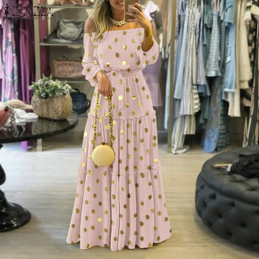 Women's Sexy One-line Neckline Off-the-shoulder Fashion 2025 Spring/summer Polka Dot Dress.  S-3X