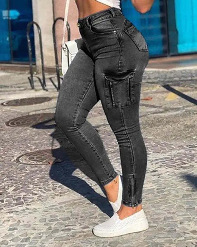 Women's Denim Pants Buttoned Pocket Zipper Design High Waist Casual Daily Skinny Jeans.  S-2X