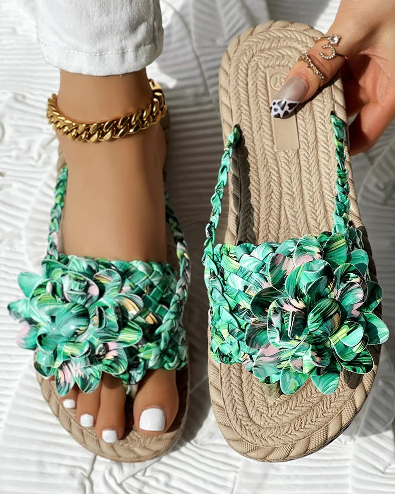 Women Solid Or Ombre Pattern Braided Casual Sandal Holographic Braided Floral Pattern