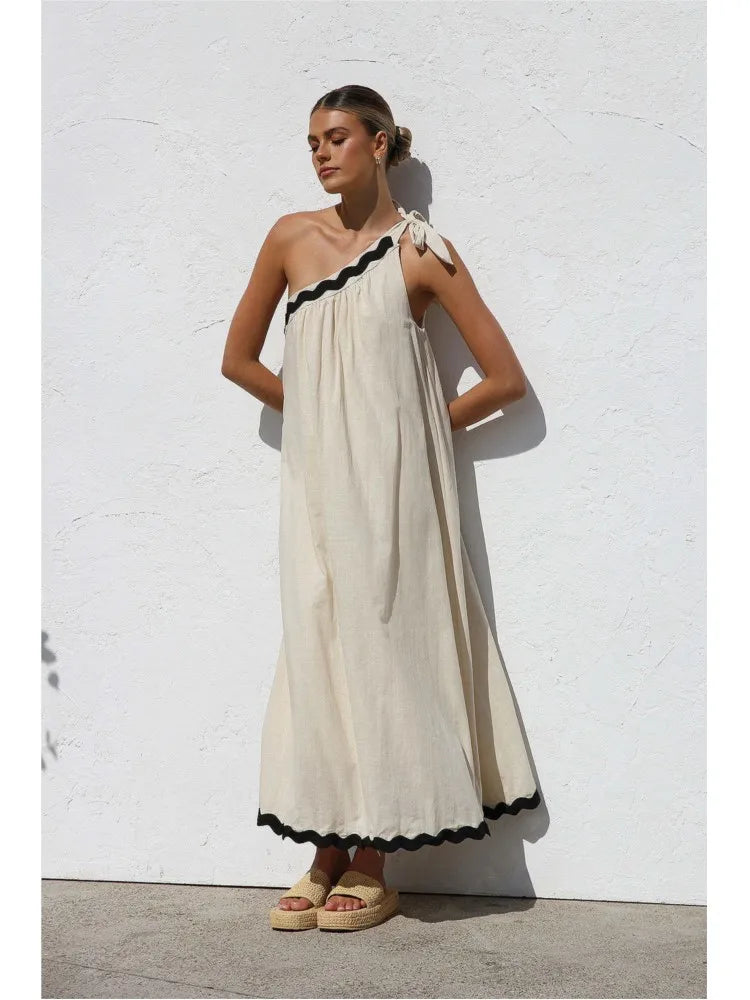 Casual Dress 2025 Summer New French With Sloping Shoulder Style Long Dress.  S-XL