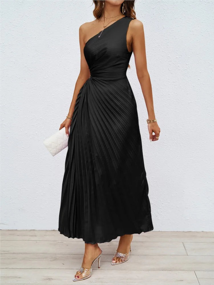 Women's Fashion One-shoulder Slant Neck Line, Pleat Hollow Out Dress Elegant Evening Dress Wedding .