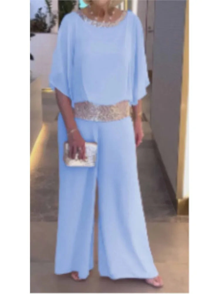 Fashion Sequin Splicing Chiffon Bat Wing Short Sleeved Blouse Wide Leg Pants Elegant 2 Piece Set.  S-3xL