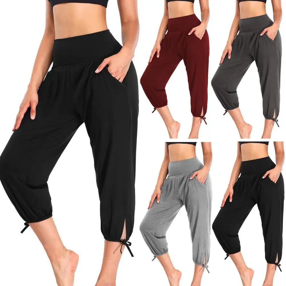 Casual High Waist Cropped Pants Stylish Women's High Waist Yoga Pants with Pockets Solid Colour.  S-3x
