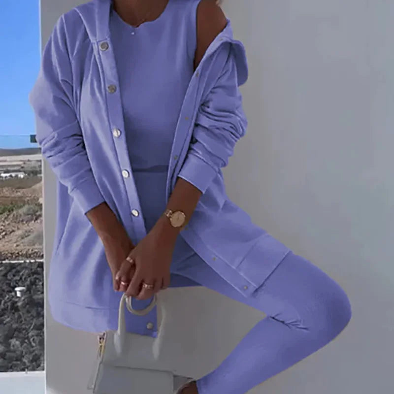 O-Neck Top Long Sweater Matching Set,Solid Three Piece Outfit, .  S-3x