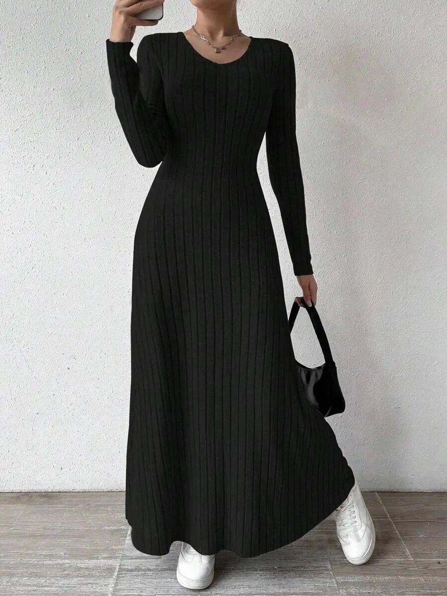 Fashionable Knitted Long Sleeve A- Line Streetwear Dress For Women Smooths And Slims Your Silhouette Solid Color Long Dress.  S-XL
