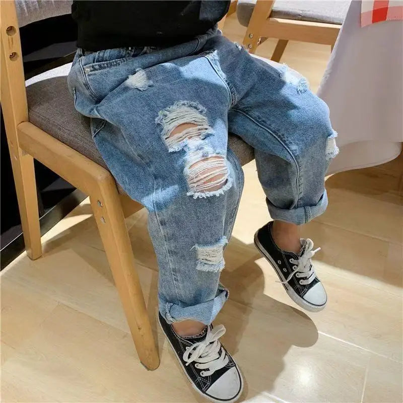 Children's Unisex Distressed Jeans - Soft Comfortable Ripped Pants Ages 2-7