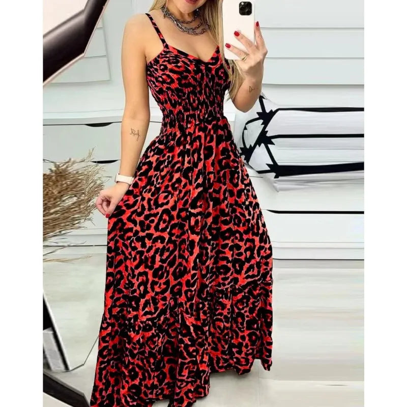 Women's Fashion Leopard Print Sexy Long Sling Summer Dress.   S-3X