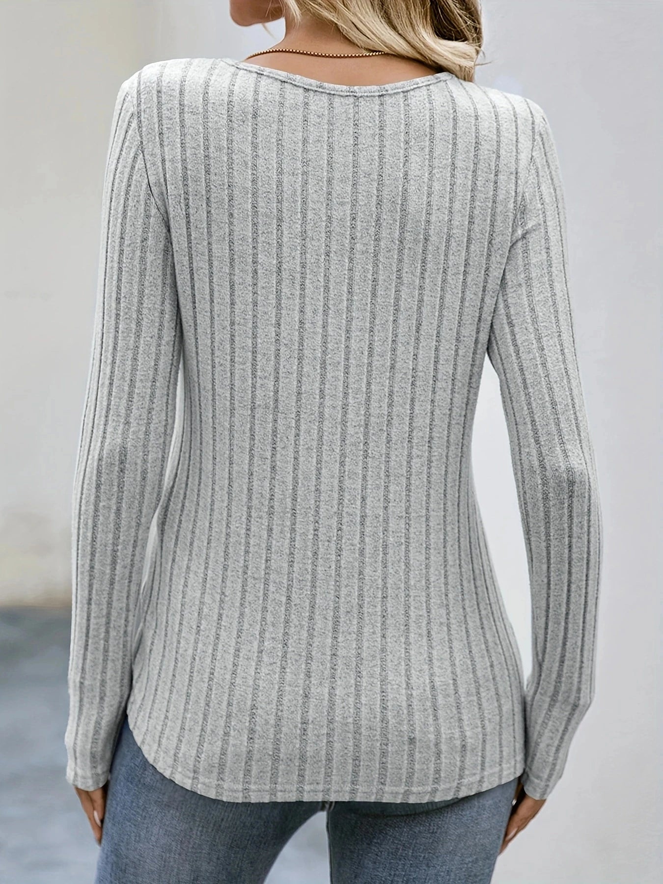 Square Neck Solid Ribbed Button Decor Top, Casual Long Sleeve Top. S-xxL