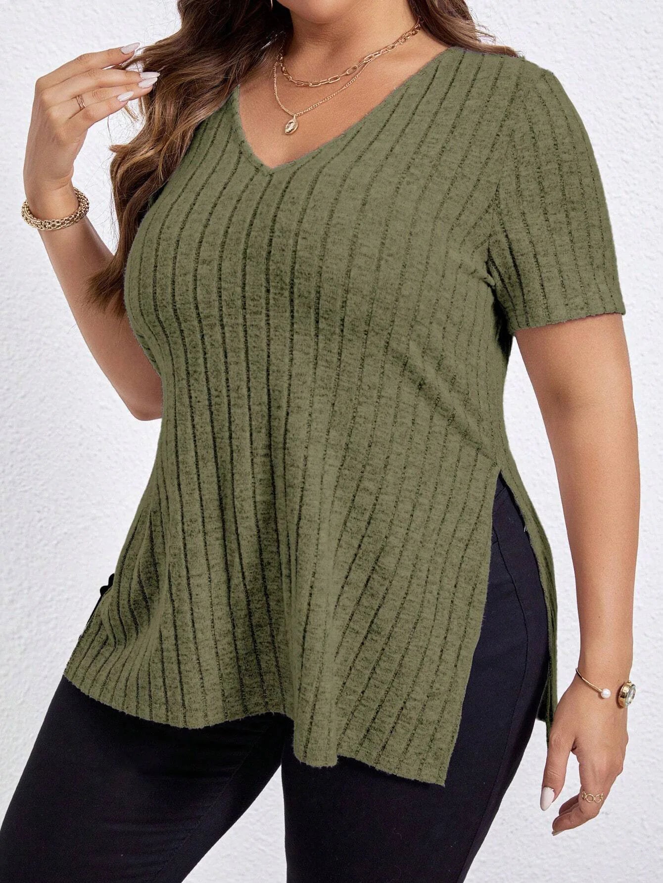 Women'S Plus Size Summer Solid Colour V-Neck Striped Short Sleeve Split Loose Shirt