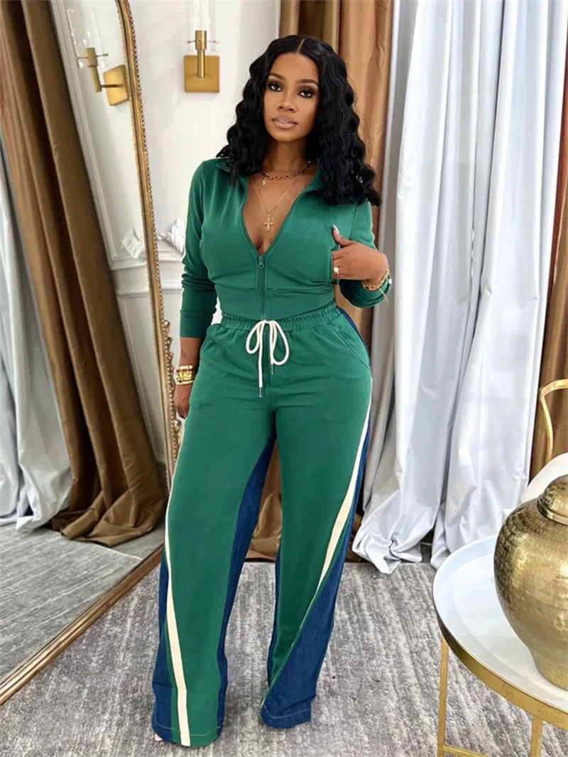 Streetwear Colorblock 2 Piece Sets Women Outfit Women Zip Top Pant Set Casual Tracksuits Set.  S-2X