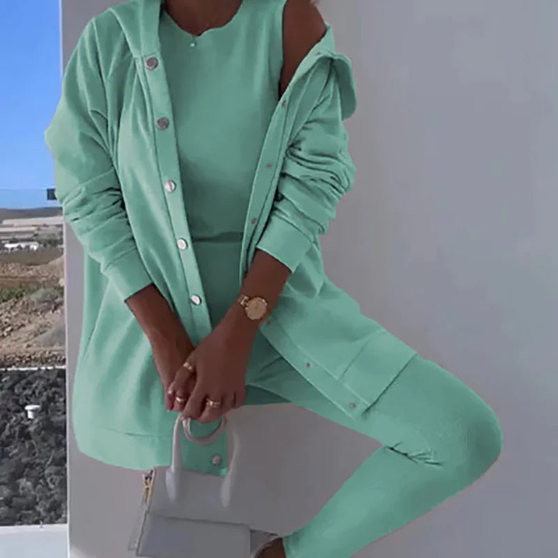 O-Neck Top Long Sweater Matching Set,Solid Three Piece Outfit, .  S-3x