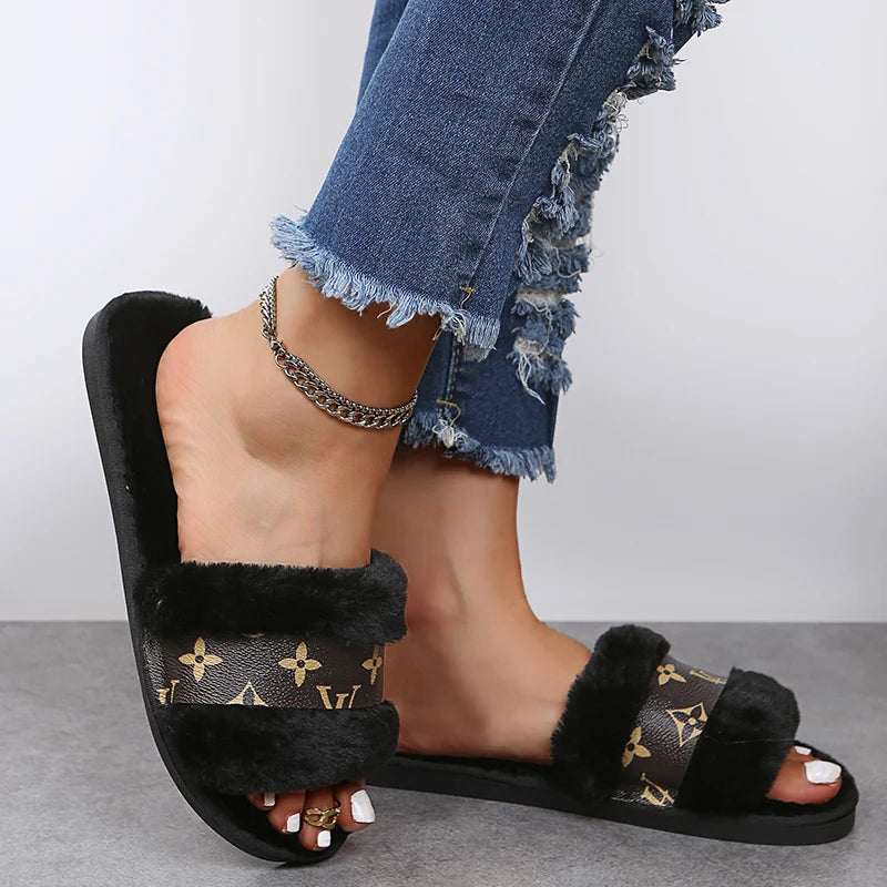 2025 Women's Sandals Flat Heel fur Ladies Summer Flip Flops