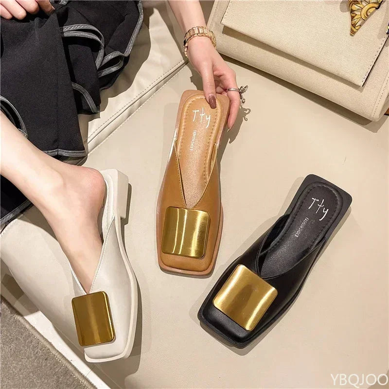 Women Fashion Metal Buckle Mules Flat Heels Square Toe Shallow Slides.