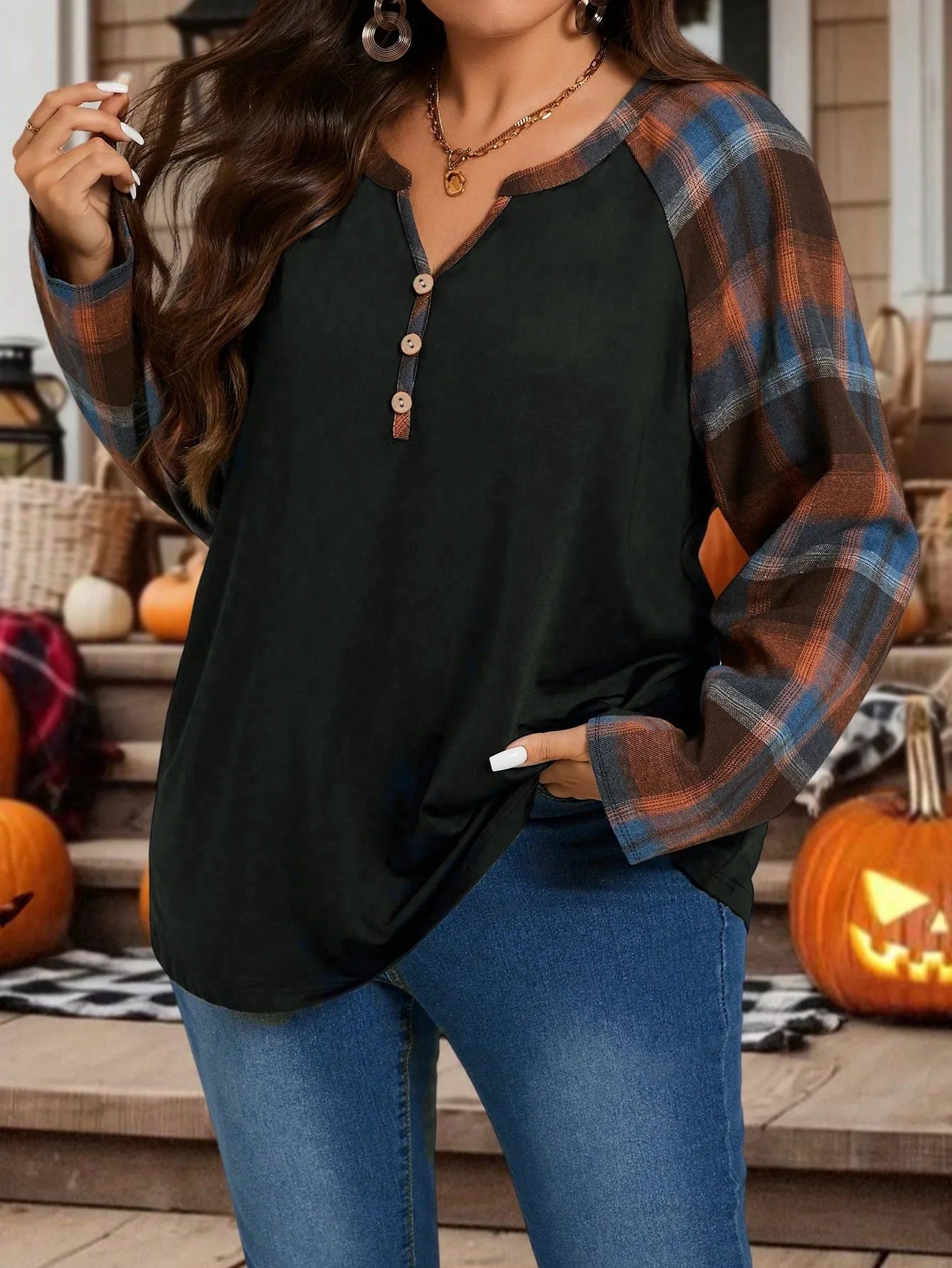Plus Size Women's Plaid Splicing Long Sleeve Fashion Casual Top