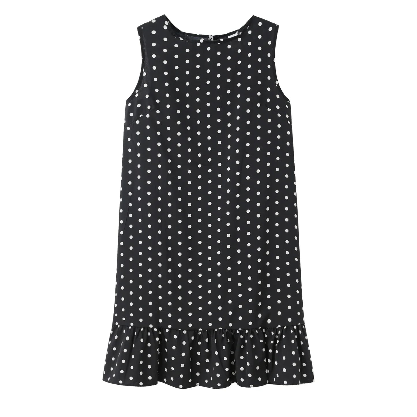 Ruffled Polka Dot Dress Sleeveless, Round Neck, Loose Hem,   S-2X