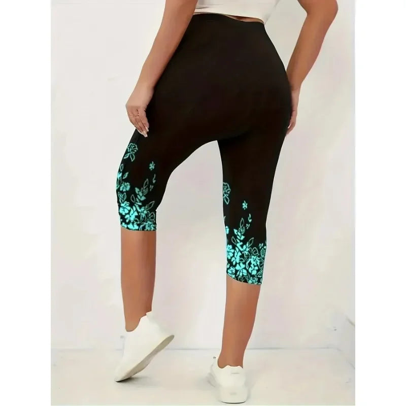 Ladies Casual Slim Fit Capri Leggings, Fashion Floral Print High Waist.