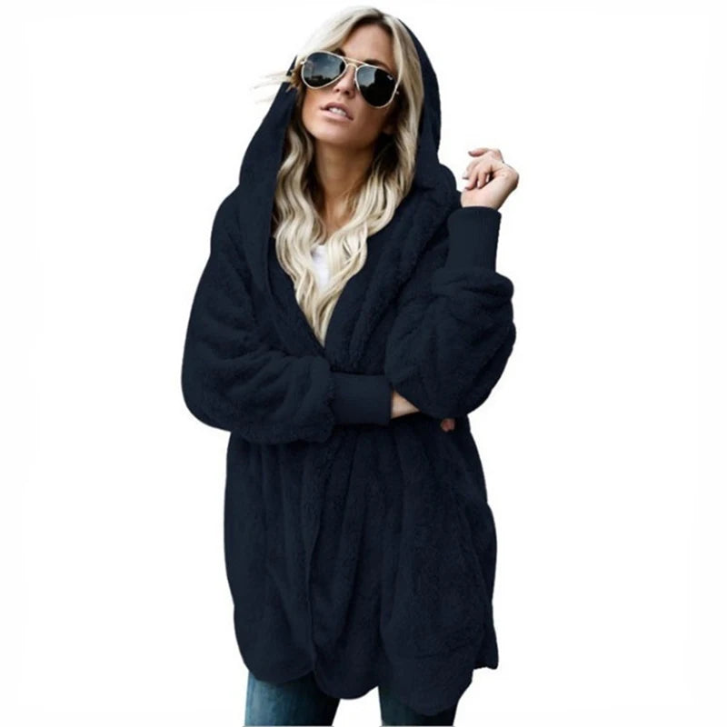 Double Fleece Cardigan Solid Colour Long Sleeve Plush Warm Hooded Lady Oversized Outerwear Coat.  S-5X