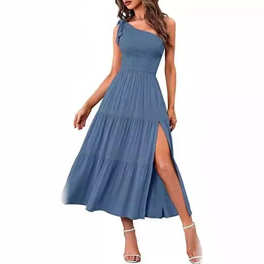 Women Tie Shoulder Dress Summer Sleeveless Side Split Sexy Tiered Ruffle Dress.  S-XL