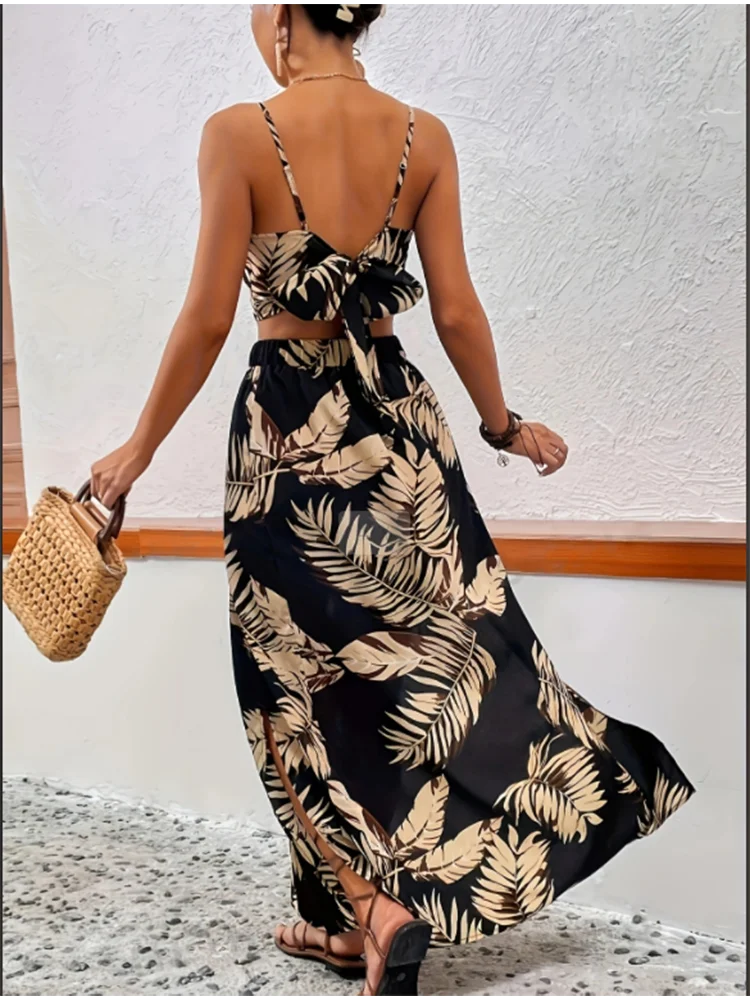 Women Sleeveless Low Cut V-Neck Printed Dress High Slit Sexy Trendy Skirt And Top Set Light Elegant Summer Set. S-2X