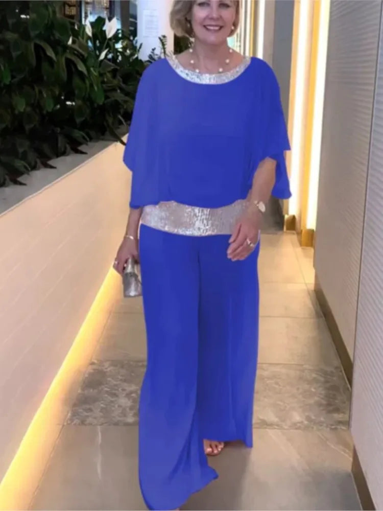 Fashion Sequin Splicing Chiffon Bat Wing Short Sleeved Blouse Wide Leg Pants Elegant 2 Piece Set.  S-3xL