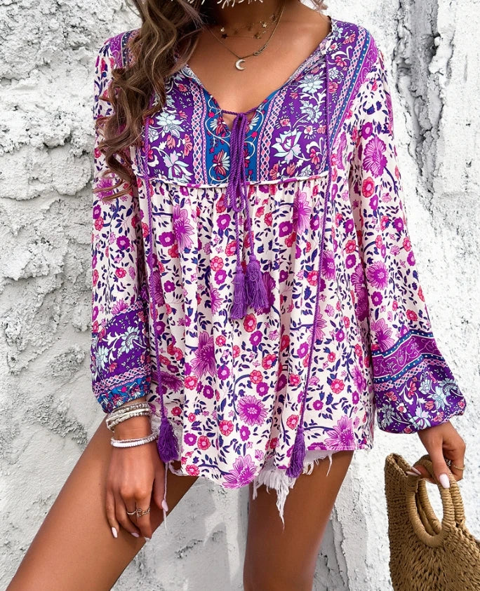 Summer Women's Blouse Casual Bohemian Printed Long Sleeve Loose Fit Shirt