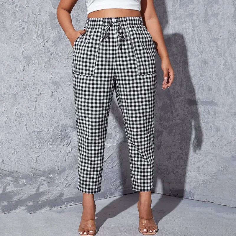 Curvy Size Gingham Summer Casual Tapered Pants Elastic Waist Pocket Front ,Ankle Length Straight Pants