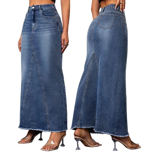 Women Denim Long Skirt Hip High Waist With Pockets Washed Female Streetwear Vintage A Line Distressed 2025.  S-2X