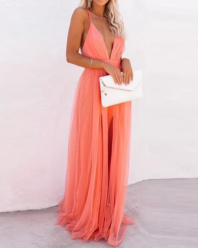Elegant V-Neck Backless Maxi Dresses for Women Sexy Bridesmaid Wedding Evening Dress Long Slip Dress for Banquet Party.