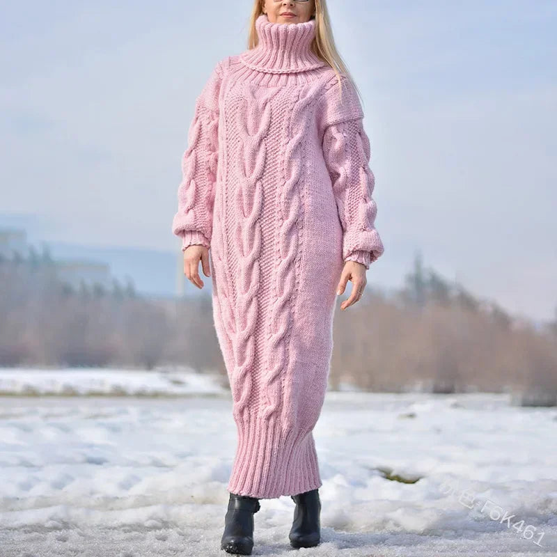 2025 Autumn Winter Solid Colour Turtleneck Pullover Twisted Loose Knitted Sweater Long Sweater Dress for Women.  S-5X