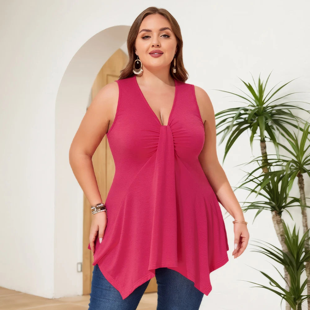 Plus Size Women's Solid V-Neck Tank Pleated Tunic Tops Summer Ladies Top . Size 1XL-6XL