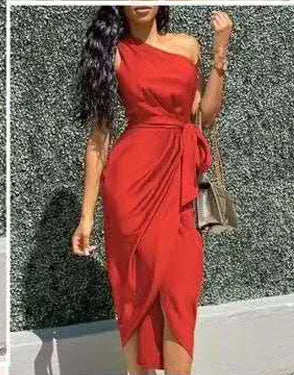 2025 Summer Women Sexy One Shoulder Satin Asymmetrical Ruched Midi Party Dress.