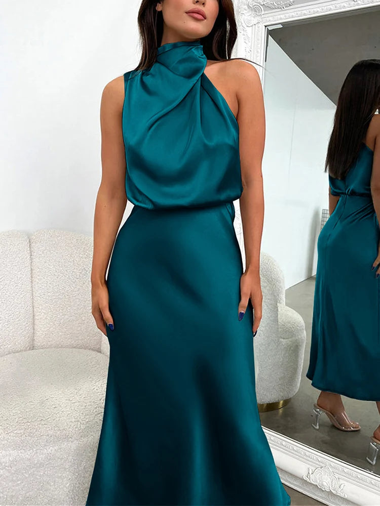 Summer High-End Silk Satin Long Dress Women Fashion Elegant Celebrity Evening Dress.  S-XL