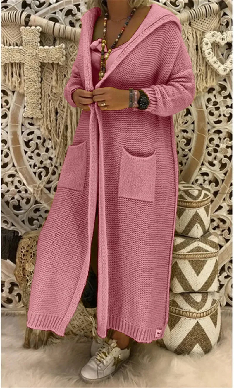 Long Sweater Women Knitted Cardigan Autumn Winter Solid Color Loose Hooded Pocket Casual Fashion Sweater.