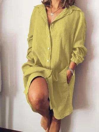 Linen And Cotton Ladies Shirt/Dress, Casual Long Sleeved   S-4xl