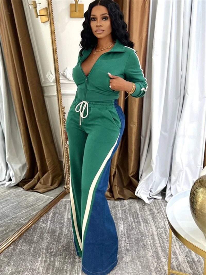 Streetwear Colorblock 2 Piece Sets Women Outfit Women Zip Top Pant Set Casual Tracksuits Set.  S-2X