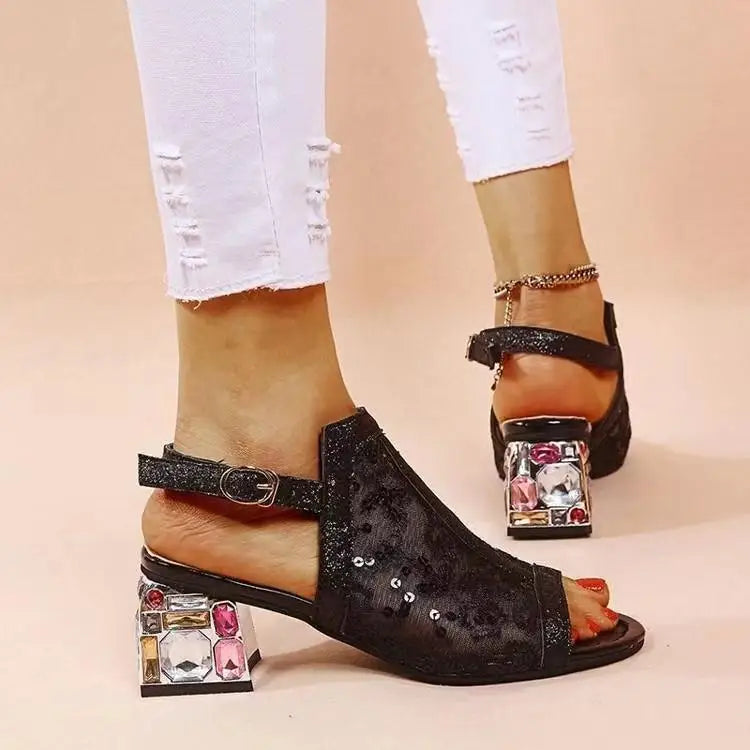 New Women Summer Fashion Peep Toe Bling Sandals Buckle Strap Rhinestone Sandals