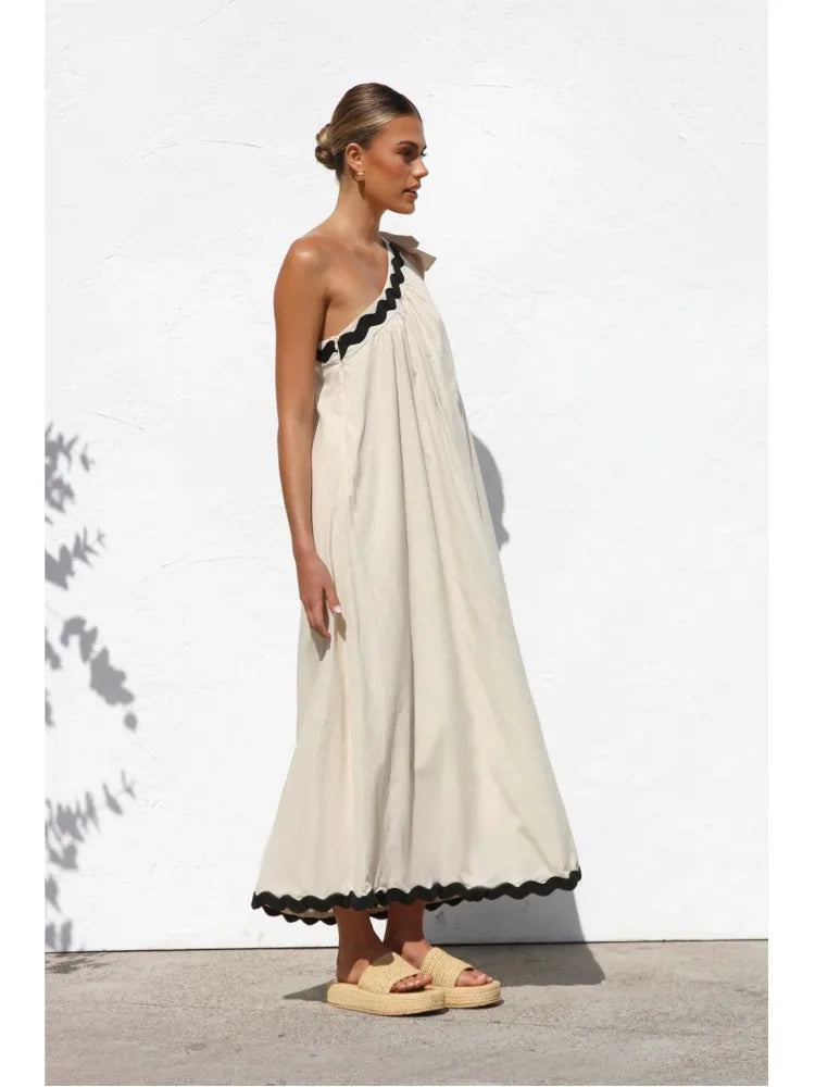 Casual Dress 2025 Summer New French With Sloping Shoulder Style Long Dress.  S-XL