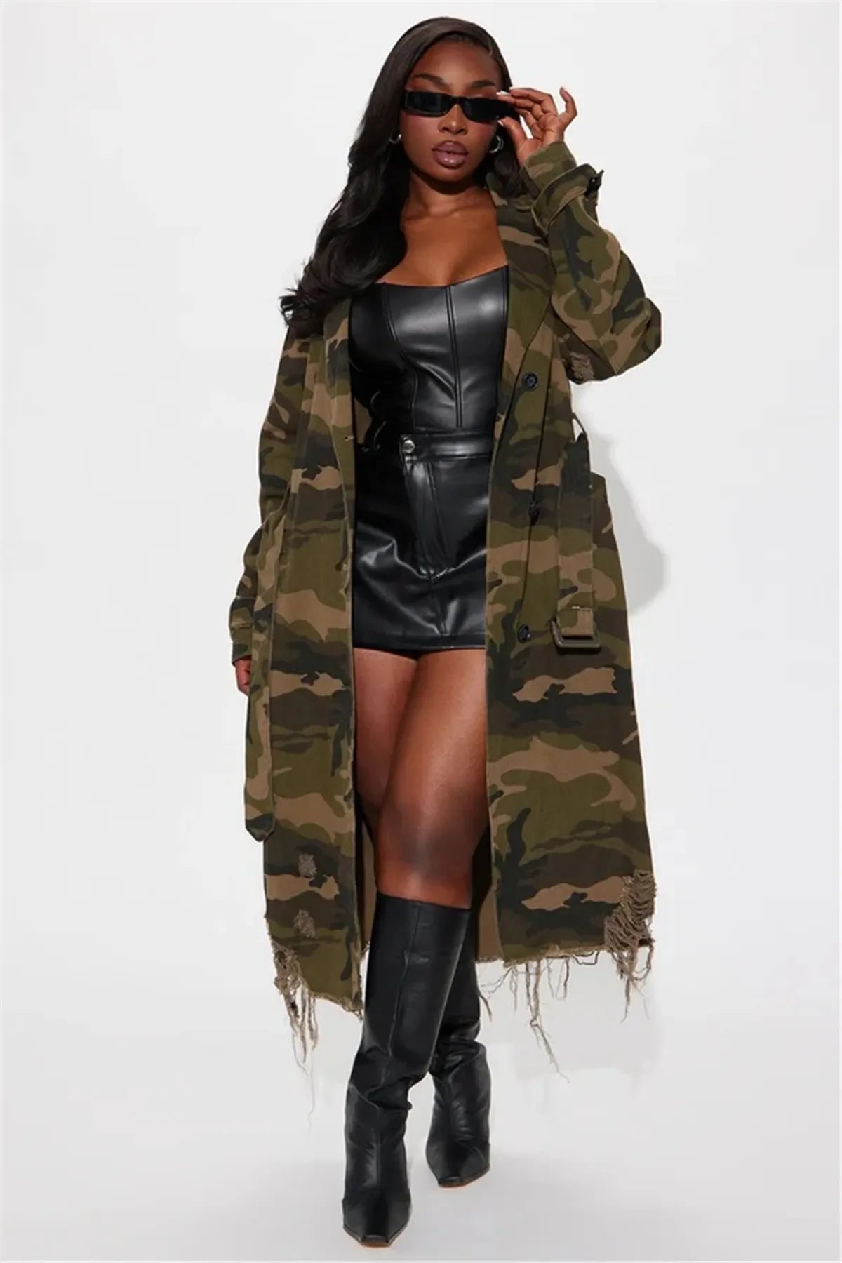 Camouflage Ripped Trench Style Jacket Sashes Single Breasted 2025 Women Street-wear Jacket.  S-2X